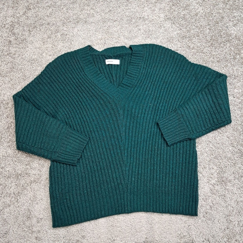 Sonoma Goods For Life Womens Forest Green Ribbed V-Neck Pullover Sweater Medium